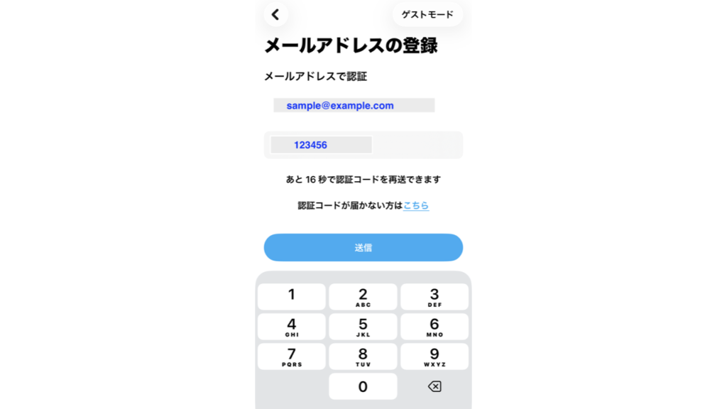 メールに届いた認証コードを入力する画面