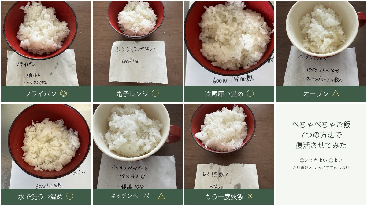 べちゃべちゃご飯を7つの方法で復活させた仕上がりの比較