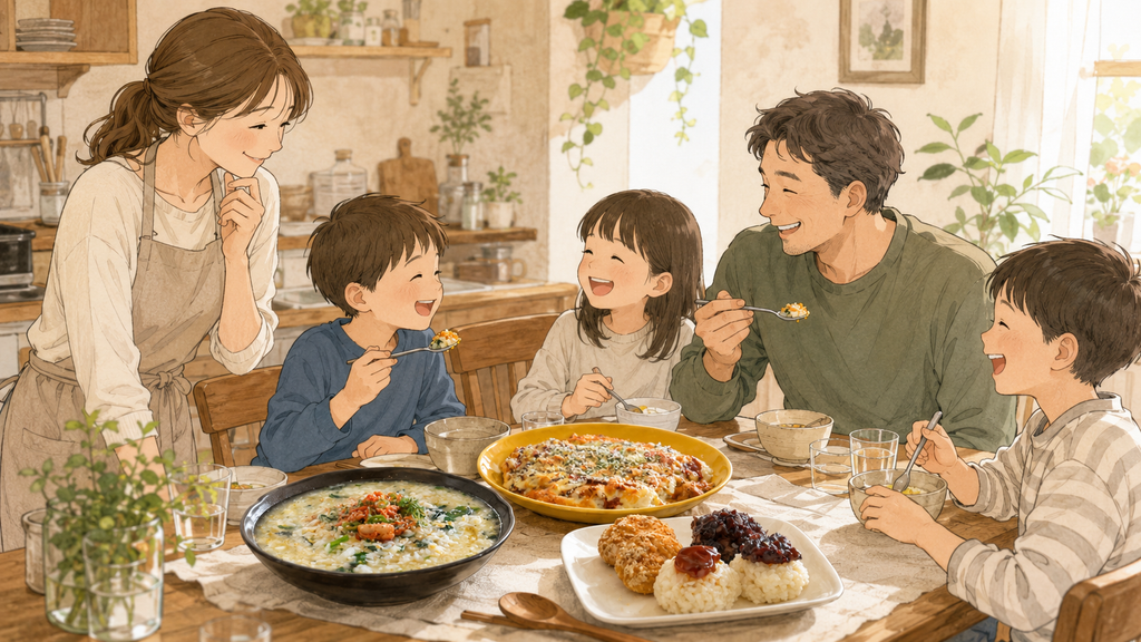 ベチャベチャご飯をリメイクしたレシピで家族が喜んでいる食卓の様子