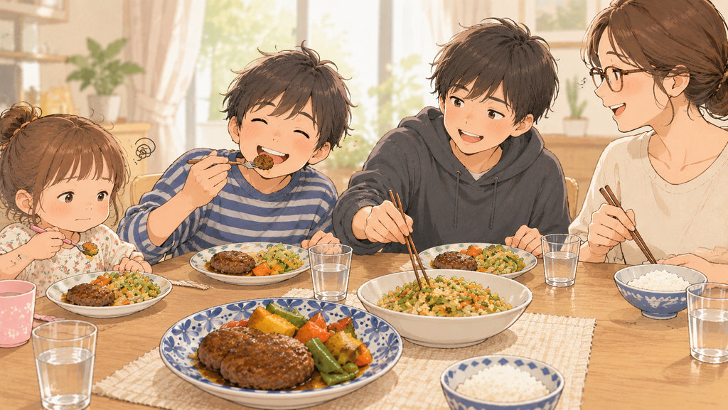 夕食で子どもたちとグリーンスプーンのハンバーグとゴーヤチャンプルーを食べている様子